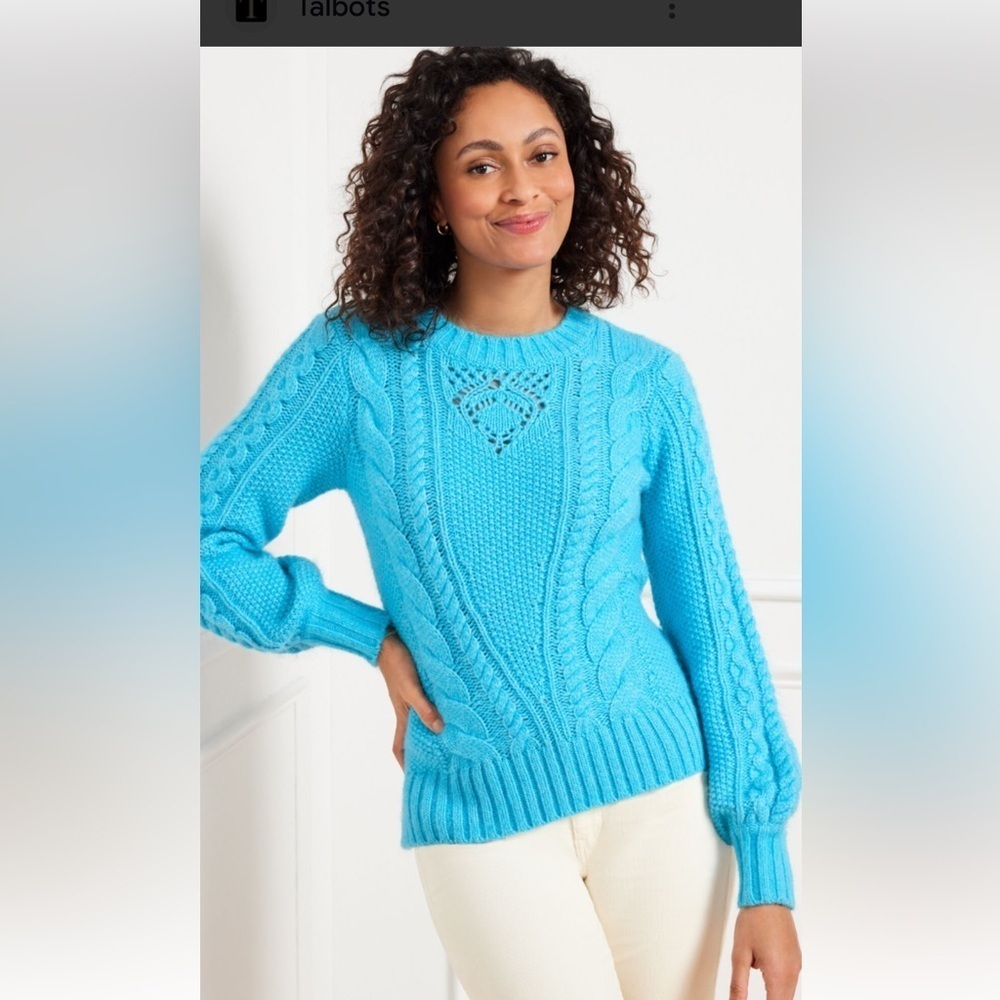 Talbots Turquoise Blue Cable Knit Pointelle Puff Sleeve Sweater - XL Petite